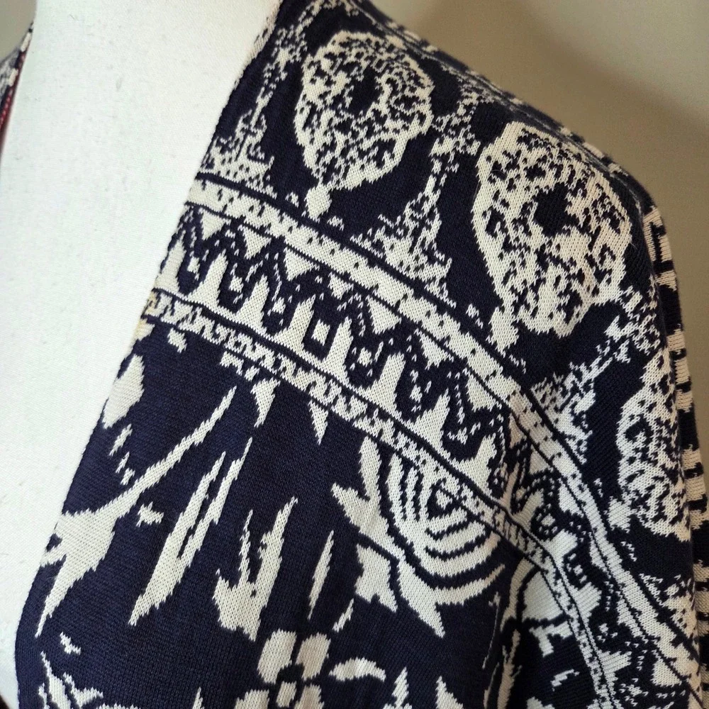 Chicos Navy Blue Red‎ Floral Silk Cotton Knit Kimono Wrap Shawl One Size